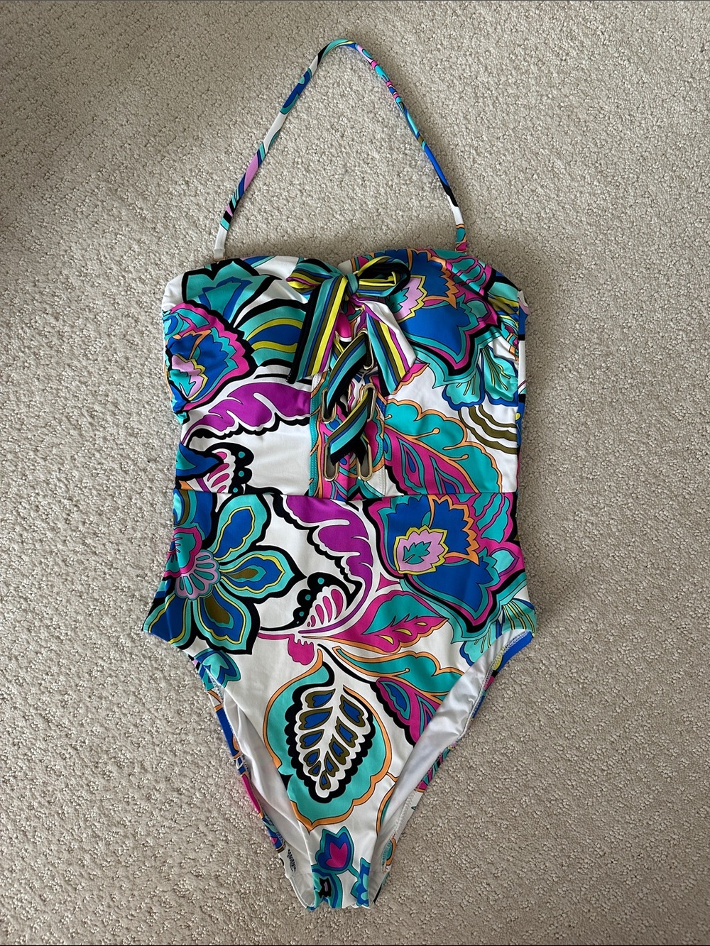 Trina Turk Floral One-Piece Swimsuit in Teal & Purple